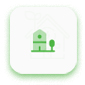 Ein weißes quadratisches Symbol mit einem grünen Haus-Icon, einem Baum daneben und einem Blatt-Icon oben links